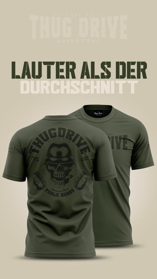 Das Thug Drive Shirt in Khaki mit Schwarzem Print: Die perfekte Kombination aus Style und Eleganz