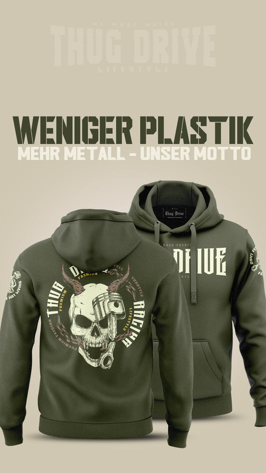 Der Thug Drive Hoodie in Khaki mit dem markanten Logo: Ein Statement in Stil und Abenteuerlust