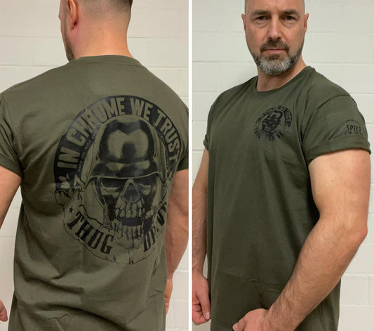 In Chrome We Trust" - Dein Biker Statement in Army Olive