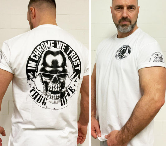 In Chrome We Trust" – Dein Statement mit unserem Biker T-Shirt in Weiß